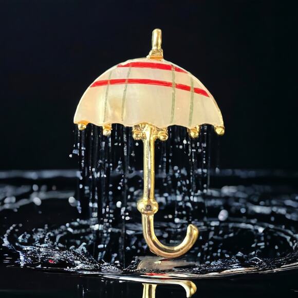 Vintage Umbrella Brooch Pin Mother of Pearl Red Stripe Gold Tone 1960s Parasol - Picture 15 of 15